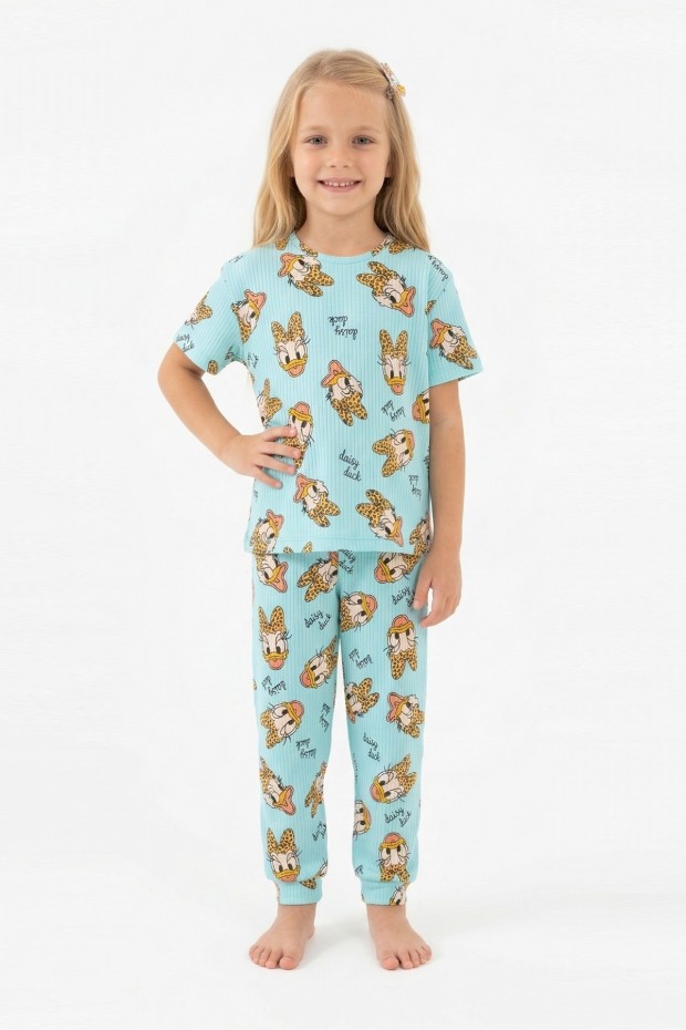 Kız Çocuk Ördek Figürlü ve Leopar Fiyonk Desenli %100 Pamuk İnterlok Kumaş Kısa Kollu Pijama Takımı  