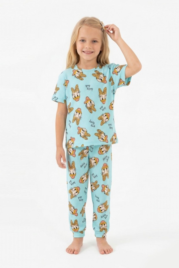Kız Çocuk Ördek Figürlü ve Leopar Fiyonk Desenli %100 Pamuk İnterlok Kumaş Kısa Kollu Pijama Takımı  