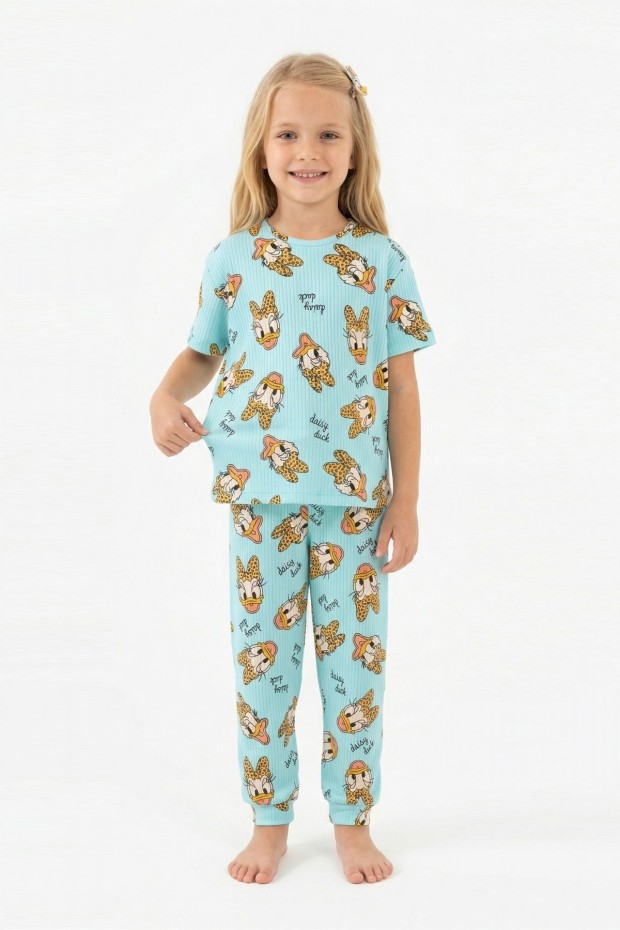 Kız Çocuk Ördek Figürlü ve Leopar Fiyonk Desenli %100 Pamuk İnterlok Kumaş Kısa Kollu Pijama Takımı  