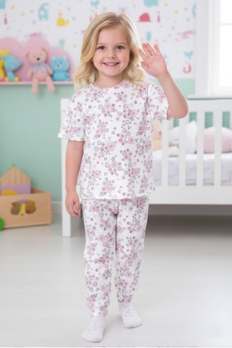 Kız Çocuk Çiçek Desenli %100 Pamuk Reaktif Boyalı İnterlok Kumaş Kısa Kollu Pijama Takımı