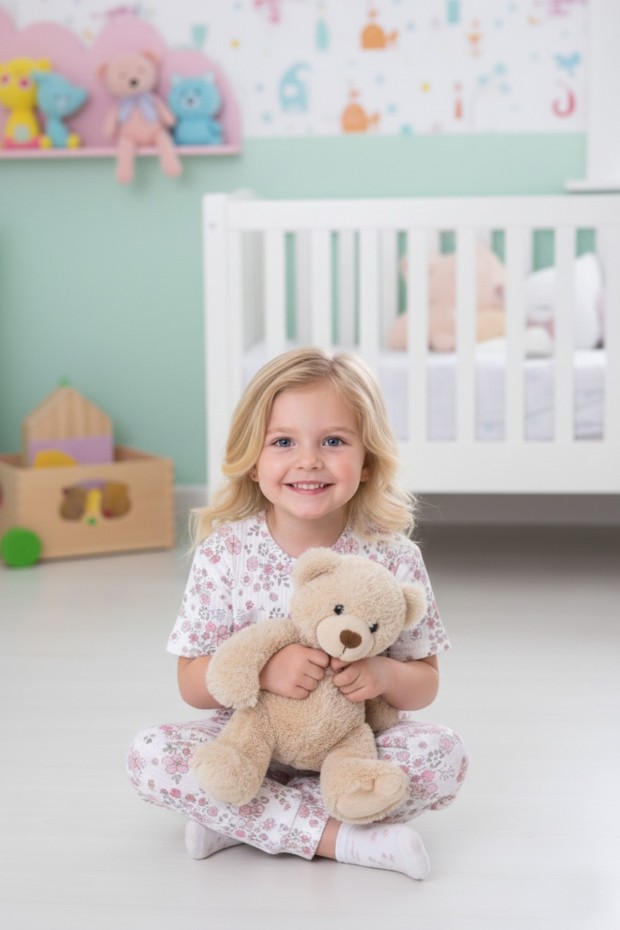 Kız Çocuk Çiçek Desenli %100 Pamuk Reaktif Boyalı İnterlok Kumaş Kısa Kollu Pijama Takımı