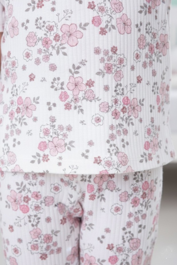 Kız Çocuk Çiçek Desenli %100 Pamuk Reaktif Boyalı İnterlok Kumaş Kısa Kollu Pijama Takımı