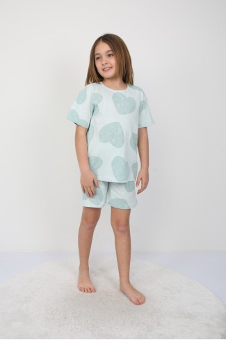 Kız Çocuk Yeşili Büyük Kalp Desenli %100 Pamuk Süprem Kumaş Kısa Kollu Pijama Takımı 