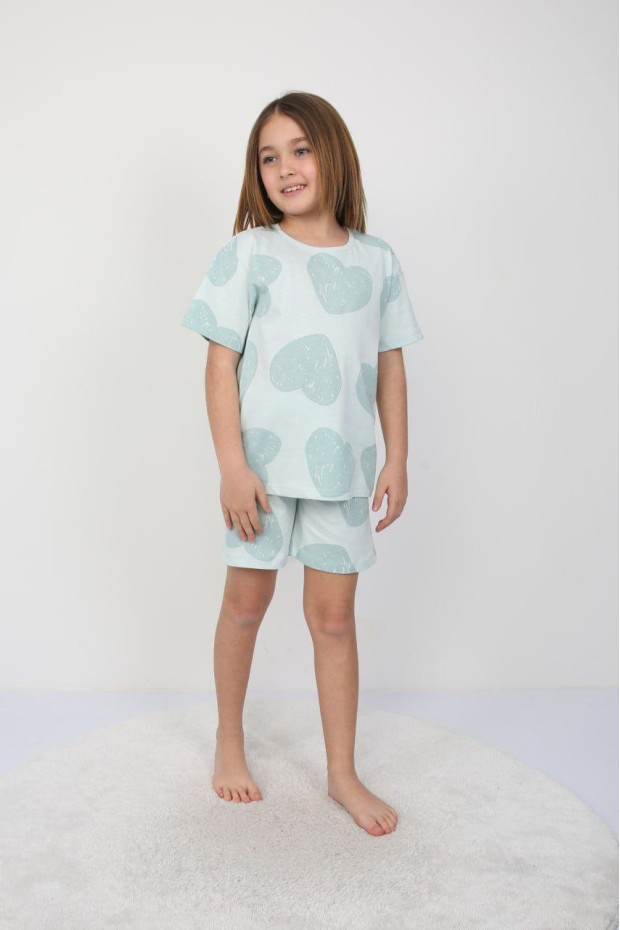 Kız Çocuk Yeşili Büyük Kalp Desenli %100 Pamuk Süprem Kumaş Kısa Kollu Pijama Takımı 