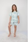 Kız Çocuk Yeşili Büyük Kalp Desenli %100 Pamuk Süprem Kumaş Kısa Kollu Pijama Takımı 