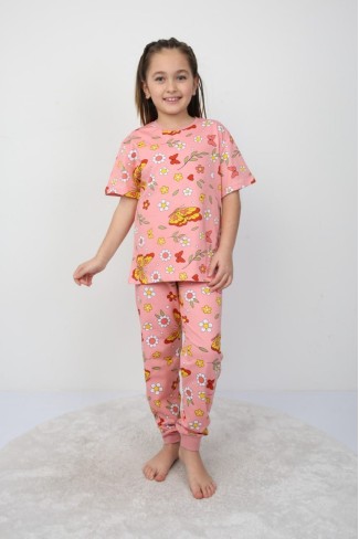 Kız Çocuk Kelebek ve Çiçek Desenli %100 Pamuk Süprem Kumaş Kısa Kollu Pijama Takımı