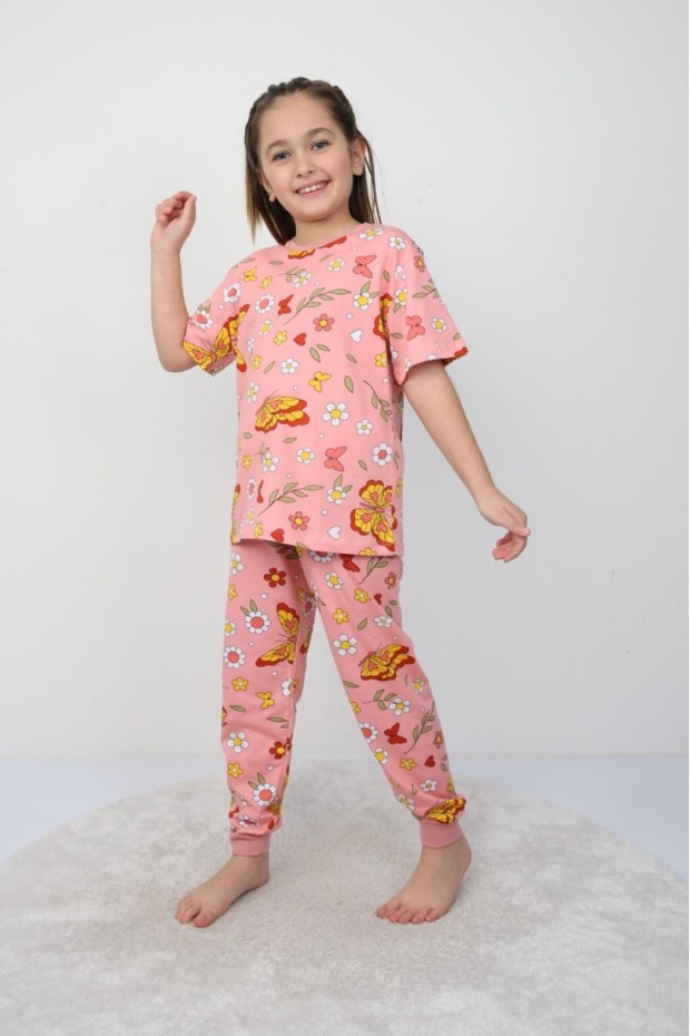 Kız Çocuk Kelebek ve Çiçek Desenli %100 Pamuk Süprem Kumaş Kısa Kollu Pijama Takımı