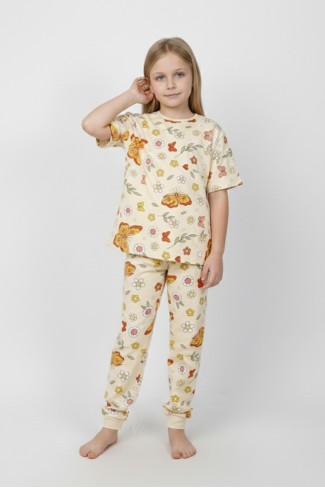 Kız Çocuk Kelebek ve Çiçek Desenli %100 Pamuk Süprem Kumaş Kısa Kollu Pijama Takımı 