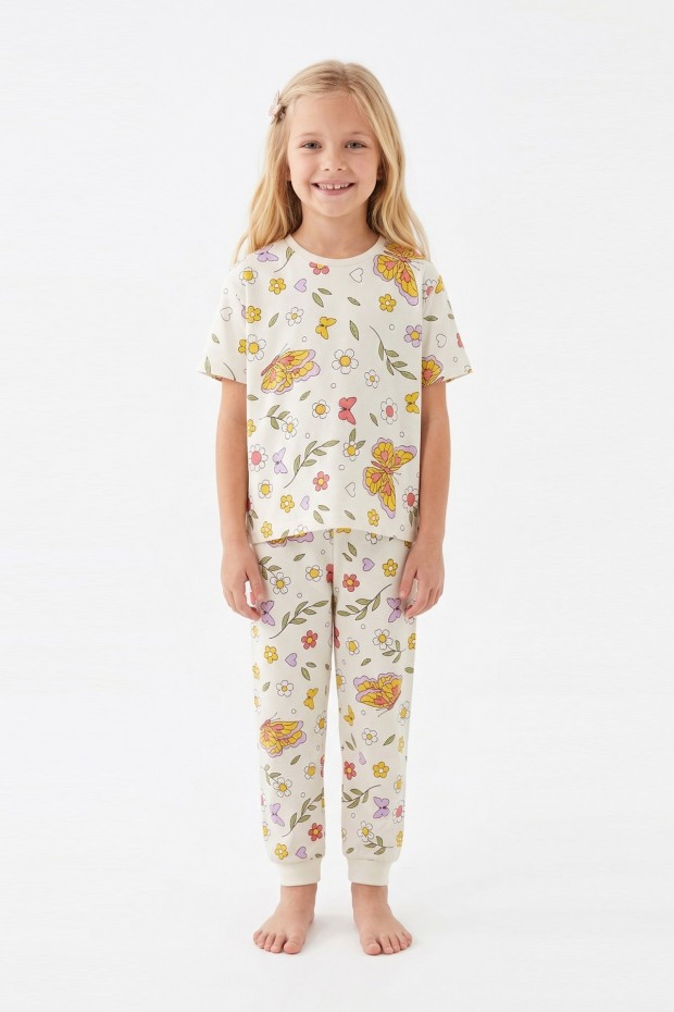 Kız Çocuk Kelebek ve Çiçek Desenli %100 Pamuk Süprem Kumaş Kısa Kollu Pijama Takımı 