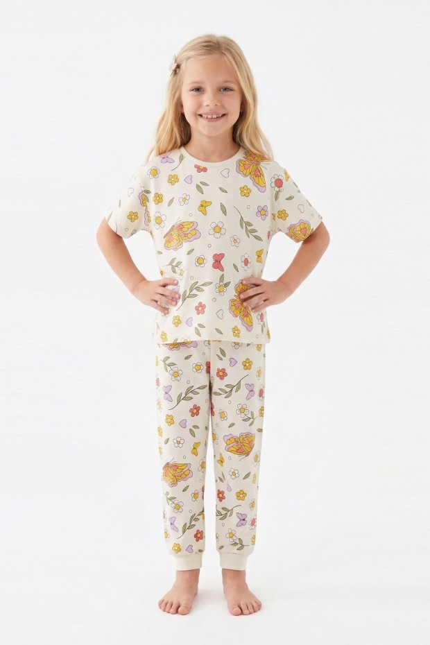 Kız Çocuk Kelebek ve Çiçek Desenli %100 Pamuk Süprem Kumaş Kısa Kollu Pijama Takımı 