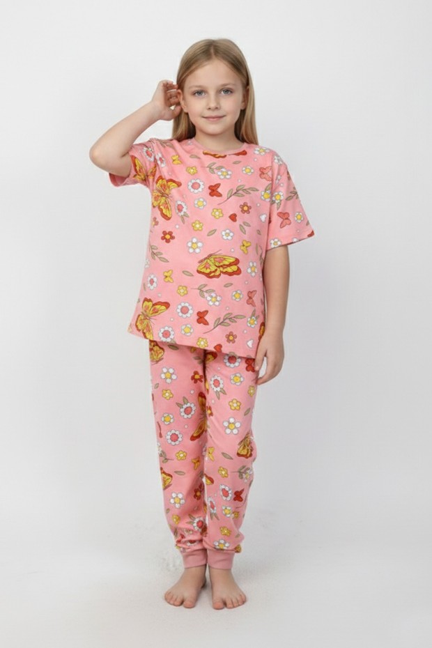 Kız Çocuk Kelebek ve Çiçek Desenli %100 Pamuk Süprem Kumaş Kısa Kollu Pijama Takımı