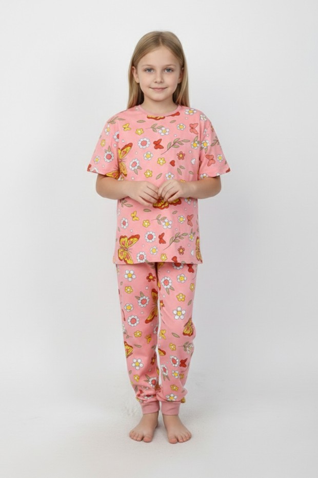 Kız Çocuk Kelebek ve Çiçek Desenli %100 Pamuk Süprem Kumaş Kısa Kollu Pijama Takımı