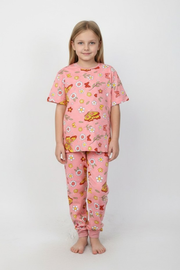 Kız Çocuk Kelebek ve Çiçek Desenli %100 Pamuk Süprem Kumaş Kısa Kollu Pijama Takımı