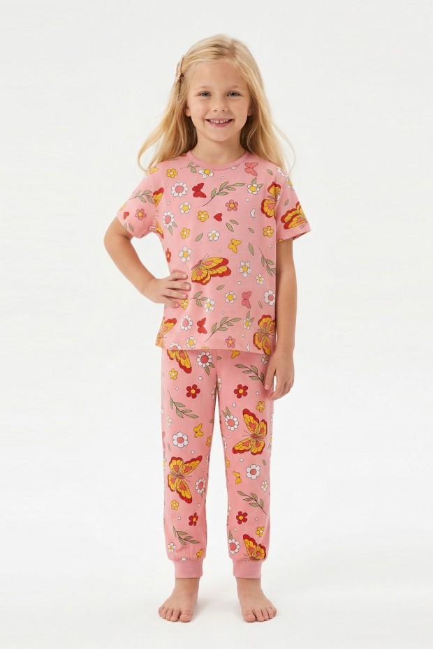 Kız Çocuk Kelebek ve Çiçek Desenli %100 Pamuk Süprem Kumaş Kısa Kollu Pijama Takımı