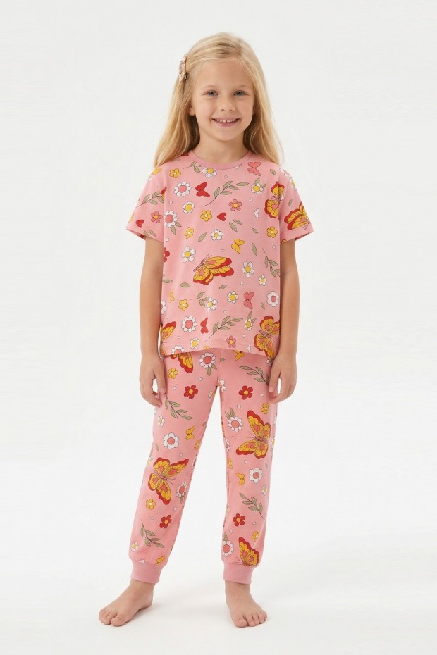 Kız Çocuk Kelebek ve Çiçek Desenli %100 Pamuk Süprem Kumaş Kısa Kollu Pijama Takımı