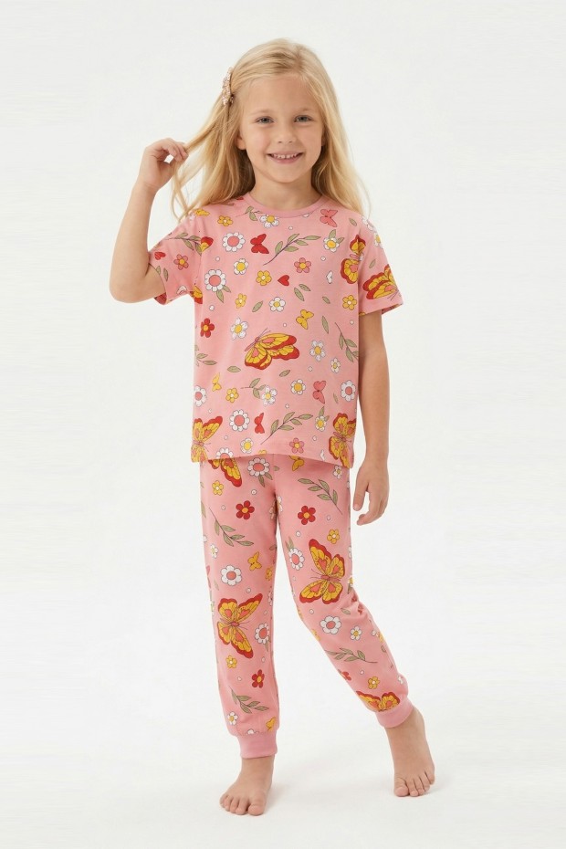 Kız Çocuk Kelebek ve Çiçek Desenli %100 Pamuk Süprem Kumaş Kısa Kollu Pijama Takımı