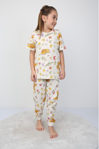 Kız Çocuk Kelebek ve Çiçek Desenli %100 Pamuk Süprem Kumaş Kısa Kollu Pijama Takımı 