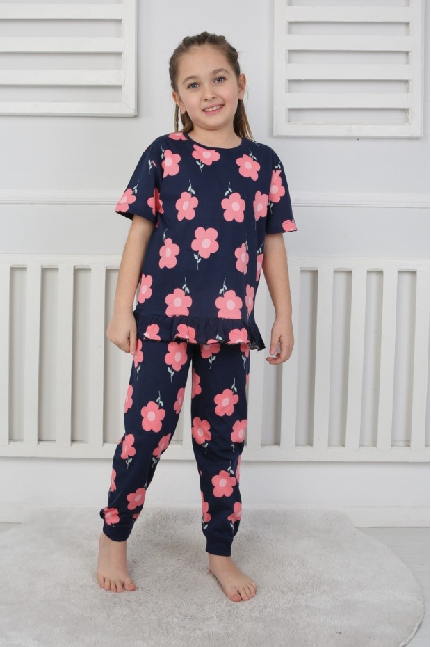 Kız Çocuk Çiçek Desenli %100 Pamuk Reaktif Boyalı Süprem Kumaş Kısa Kollu Pijama Takımı