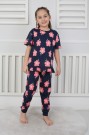 Kız Çocuk Çiçek Desenli %100 Pamuk Reaktif Boyalı Süprem Kumaş Kısa Kollu Pijama Takımı