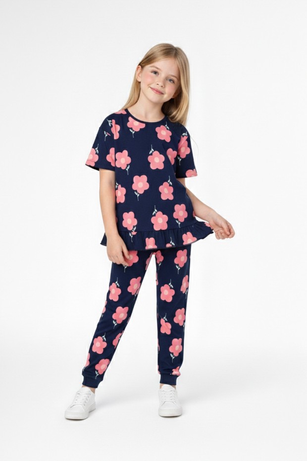 Kız Çocuk Çiçek Desenli %100 Pamuk Reaktif Boyalı Süprem Kumaş Kısa Kollu Pijama Takımı
