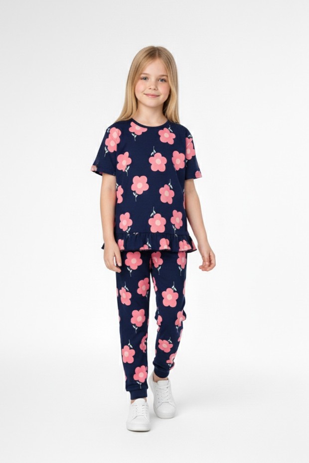 Kız Çocuk Çiçek Desenli %100 Pamuk Reaktif Boyalı Süprem Kumaş Kısa Kollu Pijama Takımı
