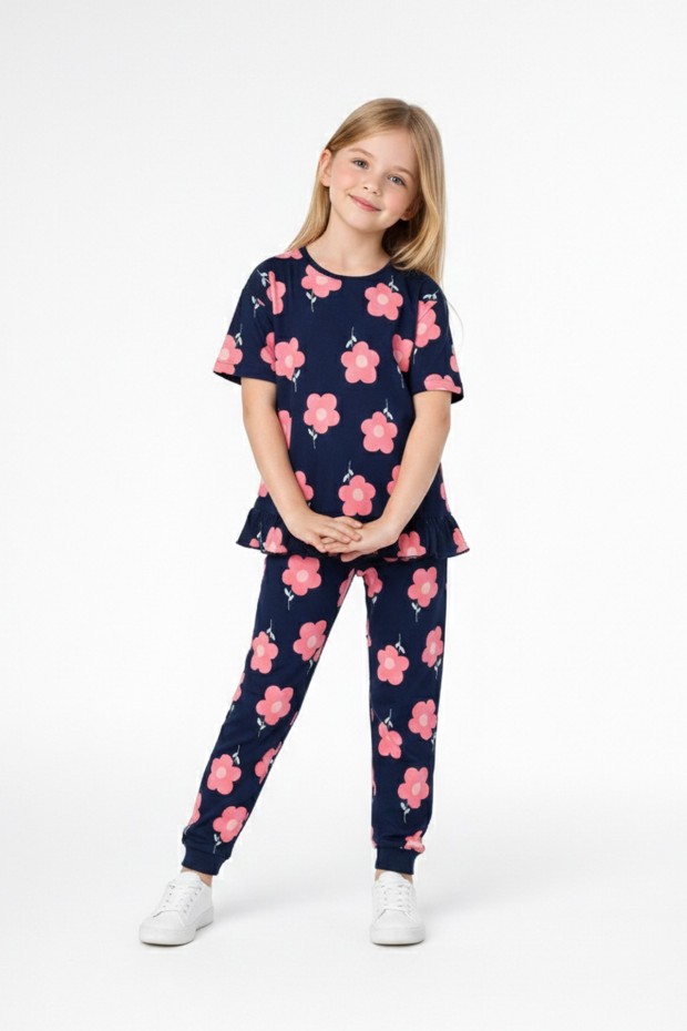 Kız Çocuk Çiçek Desenli %100 Pamuk Reaktif Boyalı Süprem Kumaş Kısa Kollu Pijama Takımı