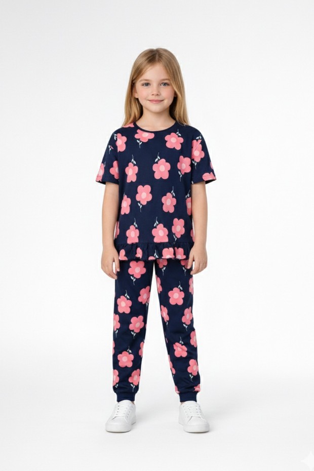 Kız Çocuk Çiçek Desenli %100 Pamuk Reaktif Boyalı Süprem Kumaş Kısa Kollu Pijama Takımı