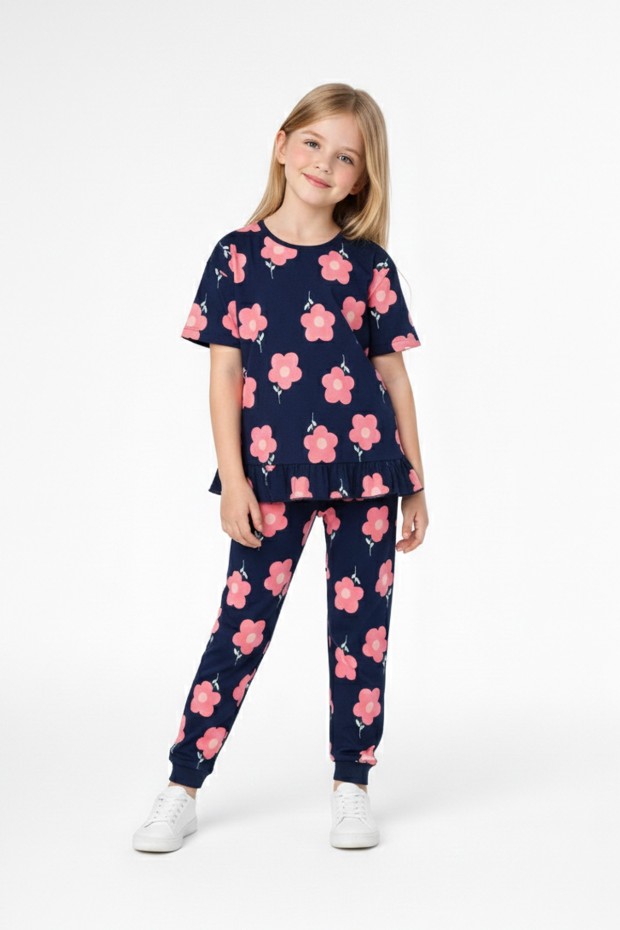 Kız Çocuk Çiçek Desenli %100 Pamuk Reaktif Boyalı Süprem Kumaş Kısa Kollu Pijama Takımı