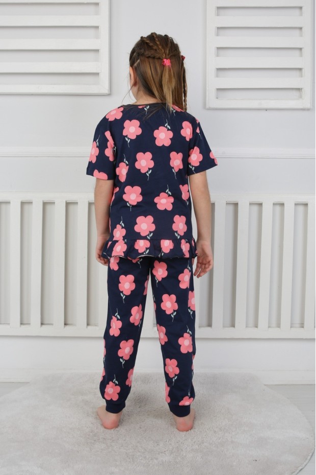 Kız Çocuk Çiçek Desenli %100 Pamuk Reaktif Boyalı Süprem Kumaş Kısa Kollu Pijama Takımı