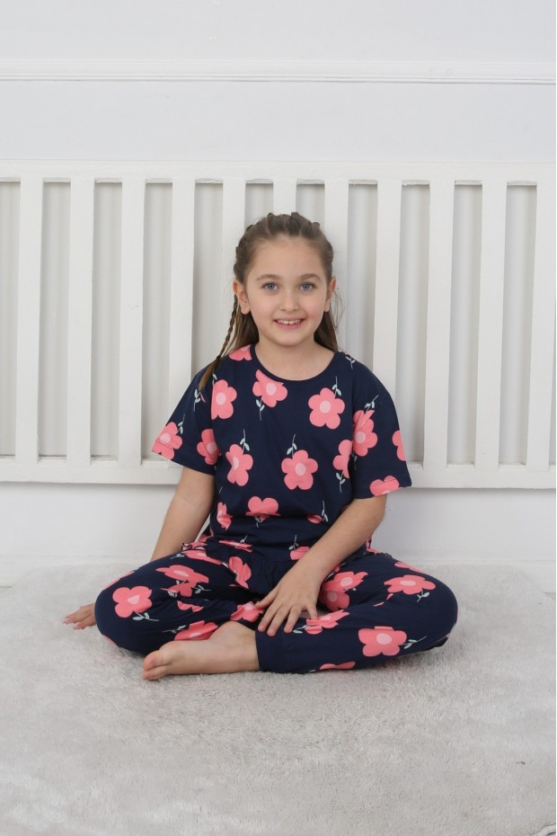 Kız Çocuk Çiçek Desenli %100 Pamuk Reaktif Boyalı Süprem Kumaş Kısa Kollu Pijama Takımı