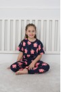 Kız Çocuk Çiçek Desenli %100 Pamuk Reaktif Boyalı Süprem Kumaş Kısa Kollu Pijama Takımı