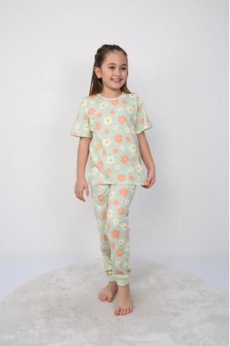 Kız Çocuk Papatya Desenli %100 Pamuk Süprem Kumaş Kısa Kollu Pijama Takımı 