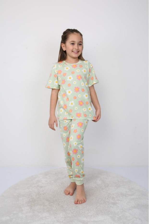 Kız Çocuk Papatya Desenli %100 Pamuk Süprem Kumaş Kısa Kollu Pijama Takımı 