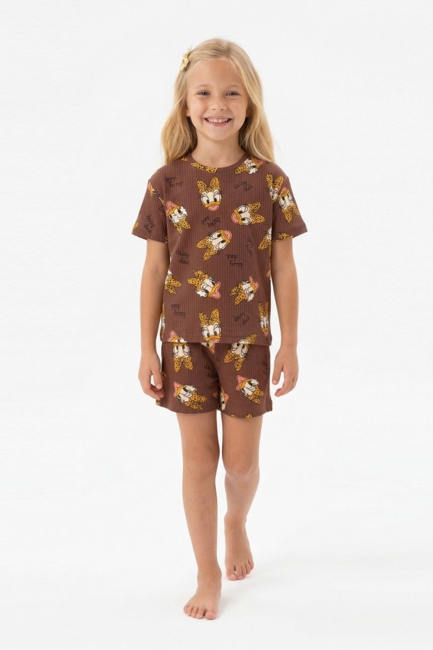 Kız Çocuk Leopar Fiyonk Detaylı %100 Pamuk İnterlok Kumaş Kısa Kollu Şortlu Pijama Takımı 