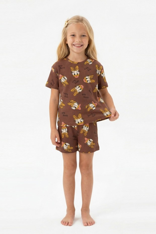 Kız Çocuk Leopar Fiyonk Detaylı %100 Pamuk İnterlok Kumaş Kısa Kollu Şortlu Pijama Takımı 