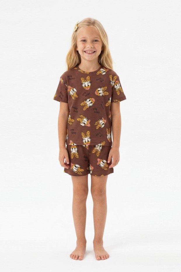 Kız Çocuk Leopar Fiyonk Detaylı %100 Pamuk İnterlok Kumaş Kısa Kollu Şortlu Pijama Takımı 