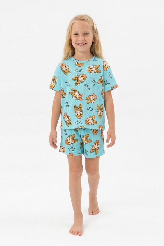 Kız Çocuk Leopar Fiyonk Detaylı %100 Pamuk İnterlok Kumaş Kısa Kollu Şortlu Pijama Takımı 