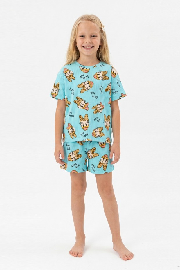 Kız Çocuk Leopar Fiyonk Detaylı %100 Pamuk İnterlok Kumaş Kısa Kollu Şortlu Pijama Takımı 