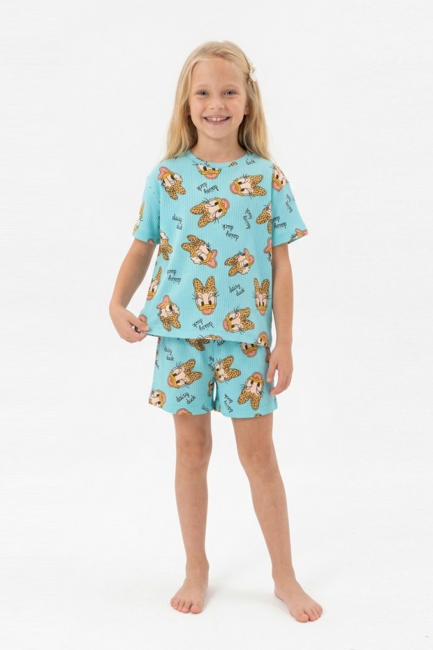 Kız Çocuk Leopar Fiyonk Detaylı %100 Pamuk İnterlok Kumaş Kısa Kollu Şortlu Pijama Takımı 