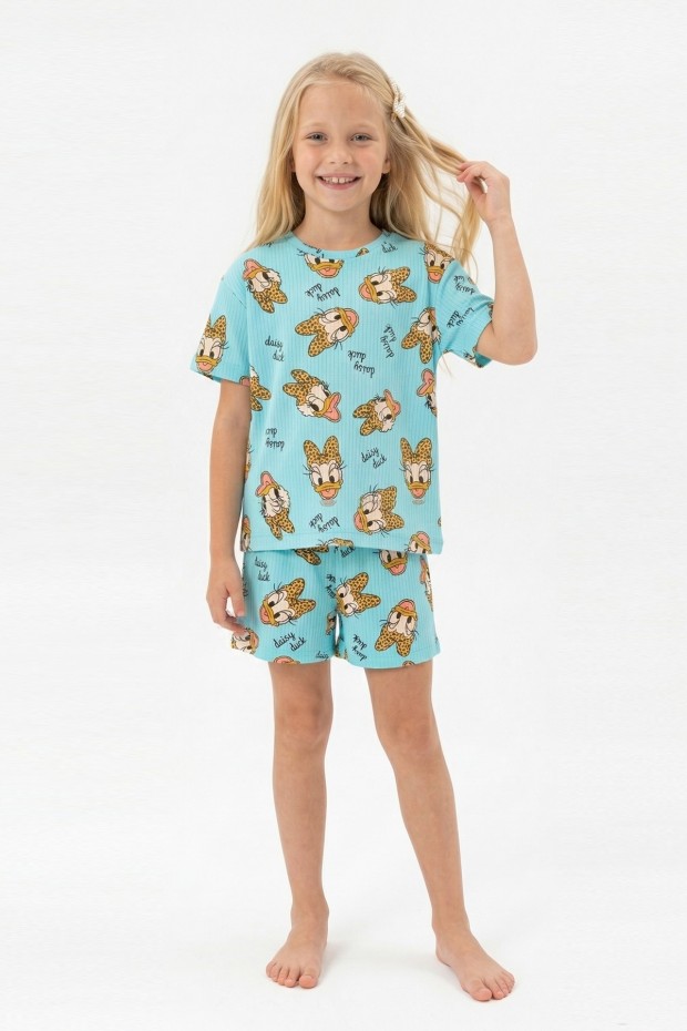 Kız Çocuk Leopar Fiyonk Detaylı %100 Pamuk İnterlok Kumaş Kısa Kollu Şortlu Pijama Takımı 