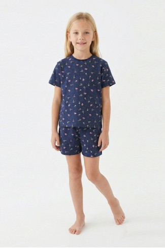 Kız Çocuk Çiçek Desenli %100 Pamuk Reaktif Boyalı Süprem Kumaş Kısa Kollu Şortlu Pijama Takımı