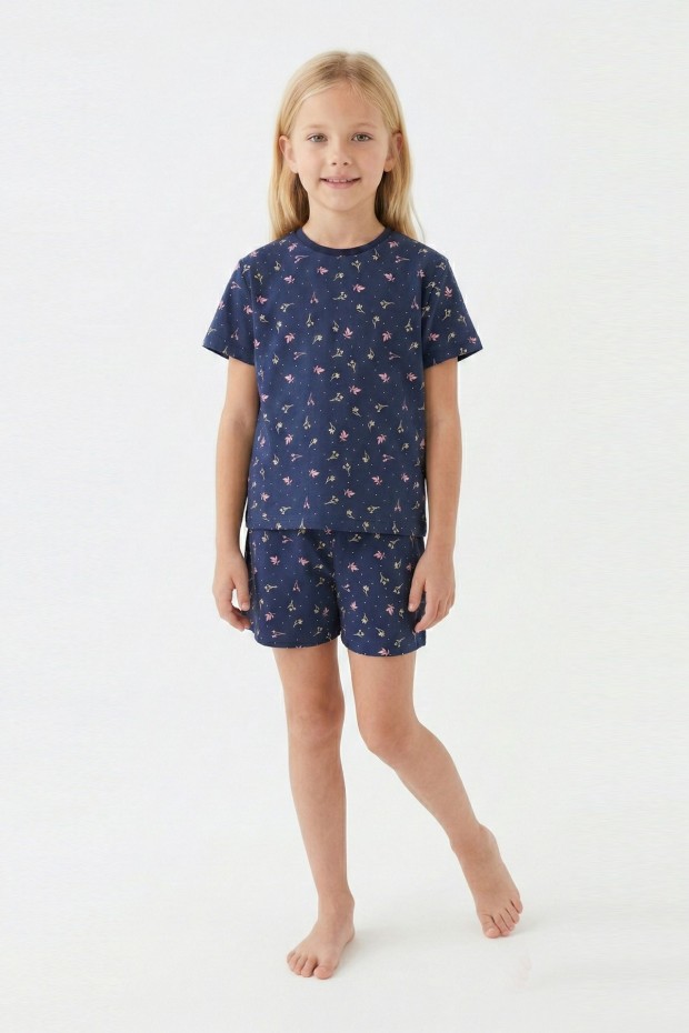 Kız Çocuk Çiçek Desenli %100 Pamuk Reaktif Boyalı Süprem Kumaş Kısa Kollu Şortlu Pijama Takımı
