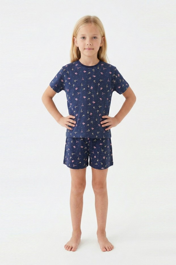 Kız Çocuk Çiçek Desenli %100 Pamuk Reaktif Boyalı Süprem Kumaş Kısa Kollu Şortlu Pijama Takımı