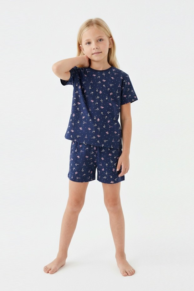Kız Çocuk Çiçek Desenli %100 Pamuk Reaktif Boyalı Süprem Kumaş Kısa Kollu Şortlu Pijama Takımı