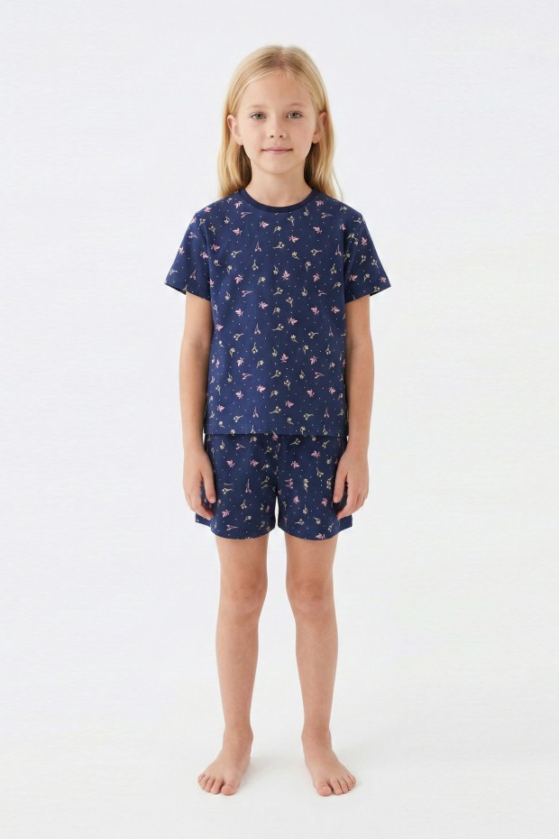Kız Çocuk Çiçek Desenli %100 Pamuk Reaktif Boyalı Süprem Kumaş Kısa Kollu Şortlu Pijama Takımı
