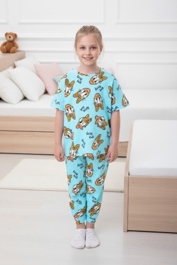 Garson Kız Çocuk Ördek Figürlü ve Leopar Fiyonk Desenli %100 Pamuk İnterlok Kumaş Kısa Kollu Pijama Takımı  
