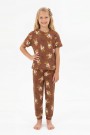 Garson Kız Çocuk Ördek Figürlü ve Leopar Fiyonk Desenli %100 Pamuk İnterlok Kumaş Kısa Kollu Pijama Takımı 