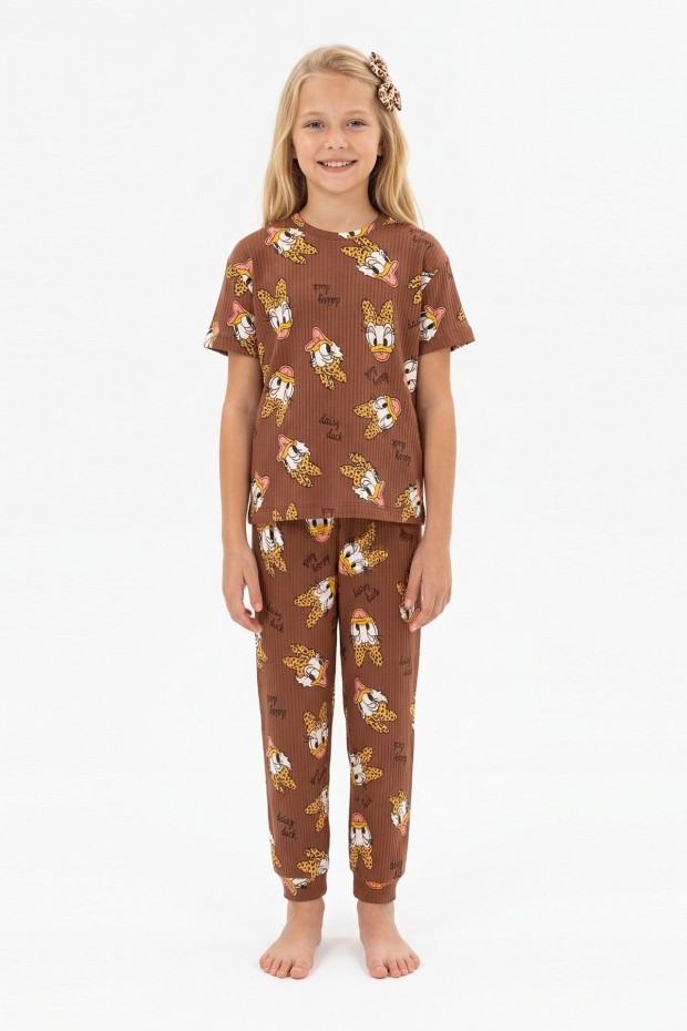 Garson Kız Çocuk Ördek Figürlü ve Leopar Fiyonk Desenli %100 Pamuk İnterlok Kumaş Kısa Kollu Pijama Takımı 