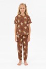 Garson Kız Çocuk Ördek Figürlü ve Leopar Fiyonk Desenli %100 Pamuk İnterlok Kumaş Kısa Kollu Pijama Takımı 