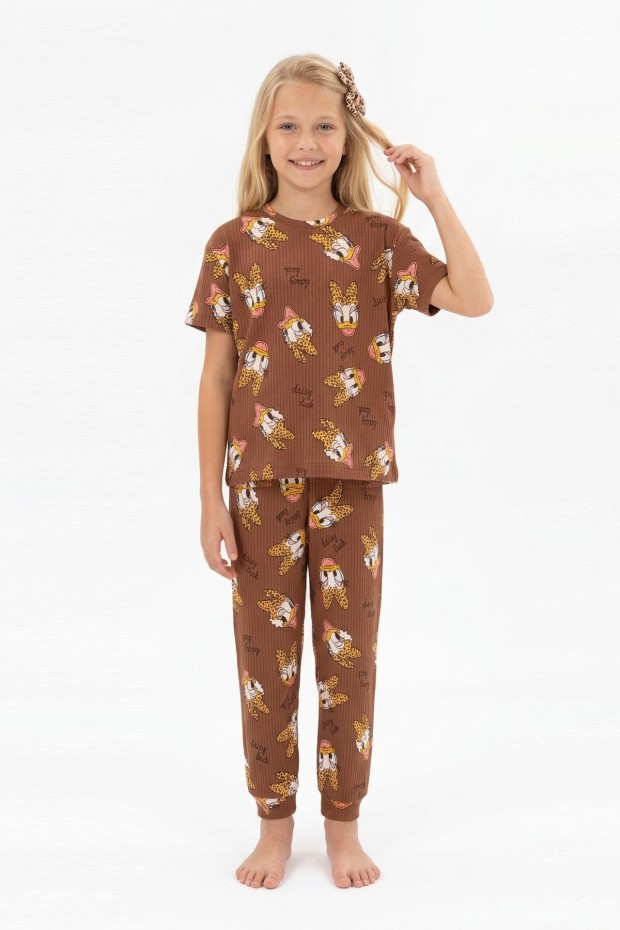 Garson Kız Çocuk Ördek Figürlü ve Leopar Fiyonk Desenli %100 Pamuk İnterlok Kumaş Kısa Kollu Pijama Takımı 